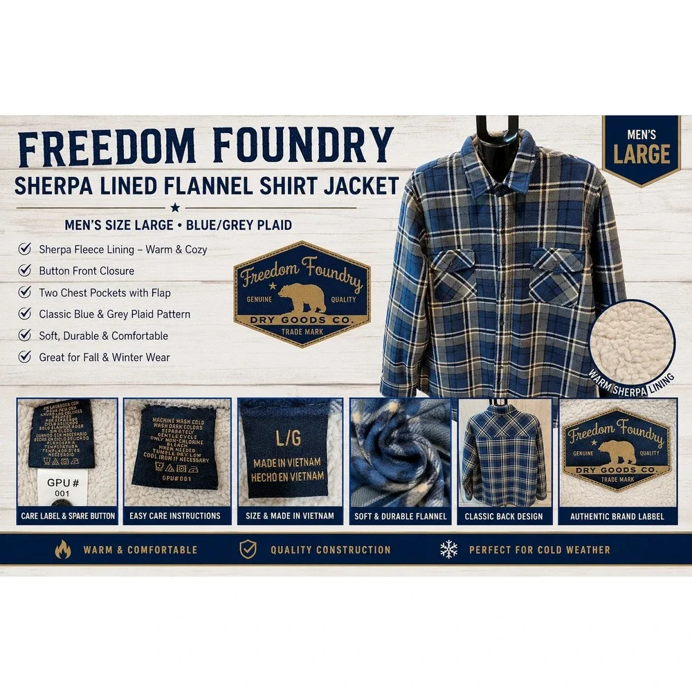 Freedom Foundry Mens Blue Plaid Sherpa Lined Fleece Shirt Jacket Large GPU 001